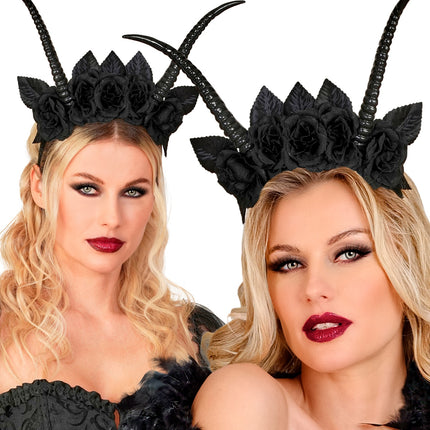 Hoofddeksel met hoorns en zwart rozen voor dames achterkant – accessoires