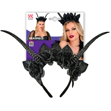 Hoofddeksel met hoorns en zwart rozen voor dames zijaanzicht – accessoires