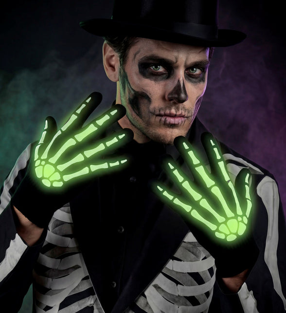 Skelet handschoenen glow-in-the-dark in het donker met felgroen oplichtende botten