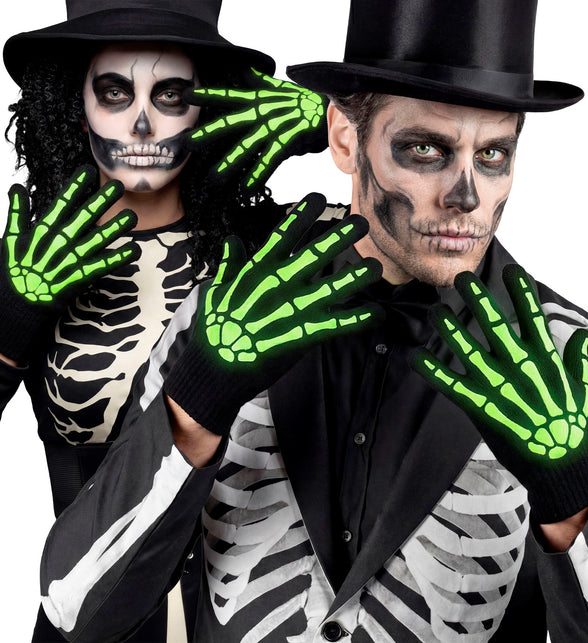 Skelet handschoenen glow-in-the-dark gedragen door dame en heer met skeletschmink op Halloween