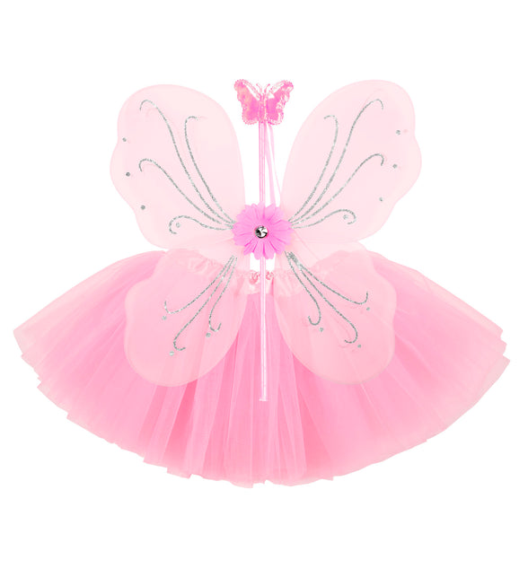 Roze fee tutu set achterkant, vleugels en toverstaf meisje