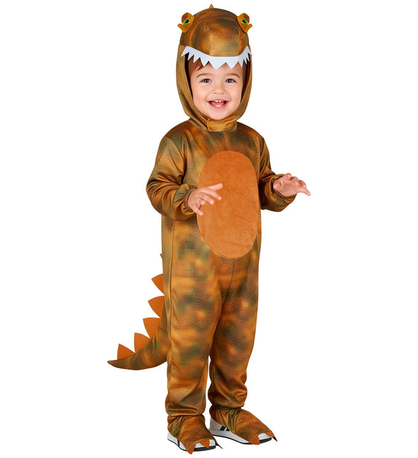 Dinosaurus jumpsuit voor jongens op kleuter, met kap over het hoofd en witte tandenrand