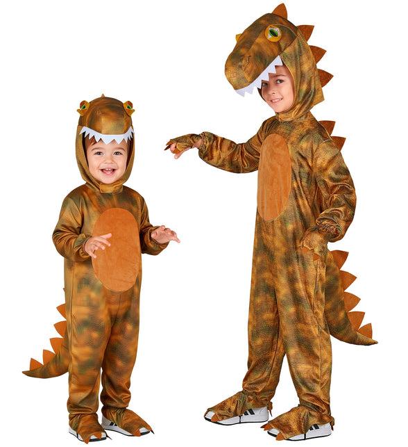 T-Rex jumpsuit jongens in bruin met oranje buikstuk, stekelstaart en kap met dinotanden
