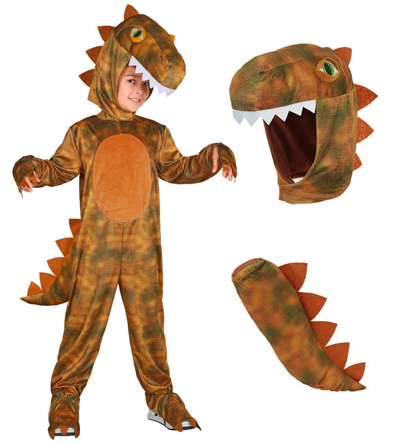 T-Rex jumpsuit jongens met los weergegeven dinokap met open bek en losse stekelstaart