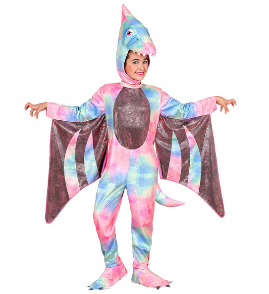 Pterodactyl jumpsuit meisjes vooraanzicht met bruine vleugelpanelen en roze buikstuk