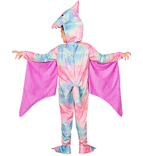 Achterzijde pterodactyl jumpsuit meisjes met roze vleugels en gebogen staart op de rug
