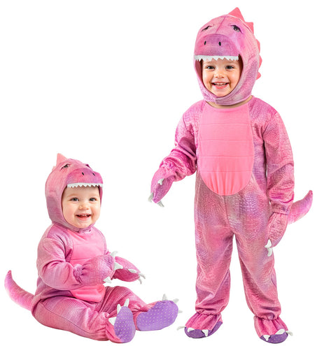Dinosaurus roze jumpsuit voor meisjes met dinokap en staart, gedragen door baby en peuter