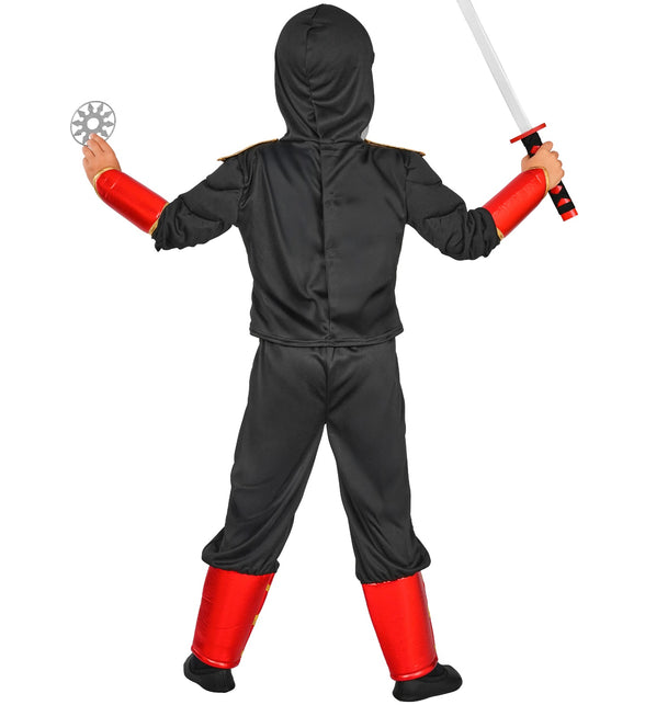 Achterkant ninja kostuum jongens met zwarte capuchon, broek en rode beenstukken