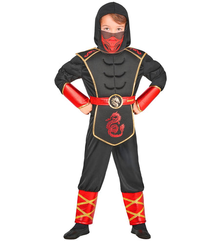 Ninja kostuum jongens zwart met rode draak, capuchon en gezichtsmasker voor verkleedfeest