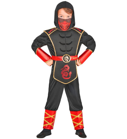 Ninja kostuum jongens zwart met rode draak, capuchon en gezichtsmasker voor verkleedfeest