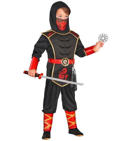 Zwarte ninja jas met spierstuk en rode buikband, gedragen door jongen