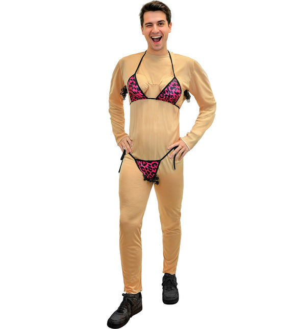 Huidkleurige stripper jumpsuit heren met lange mouwen en zwarte strikbandjes bij de heupen