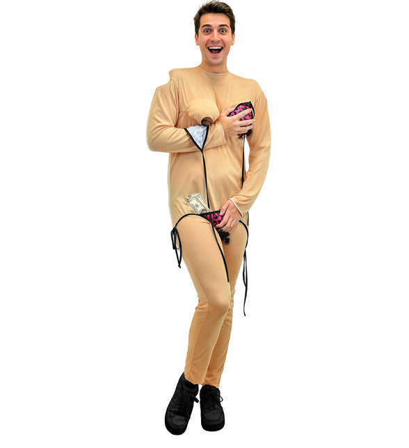 Stripper jumpsuit heren met opgestikte borstvorm en roze luipaardbikini, grappig feestpak