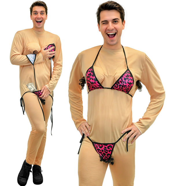 Gemene stripper jumpsuit heren, huidkleurig pak met roze luipaardbikini, voor een vrijgezellenfeest