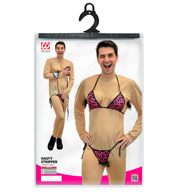 Verpakking van de gemene stripper jumpsuit heren met jumpsuit en bikini in maat S tot XXL