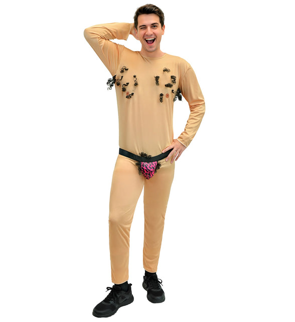 Huidkleurige stripper jumpsuit met roze luipaardprint slip, gedragen door een man op een vrijgezellenfeest