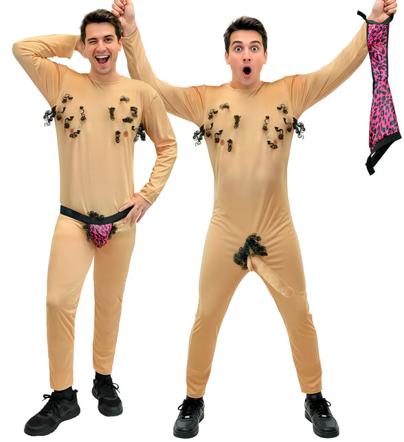 Stripper jumpsuit heren zijaanzicht met huidkleurige lange mouwen en zwarte elastische band van de slip