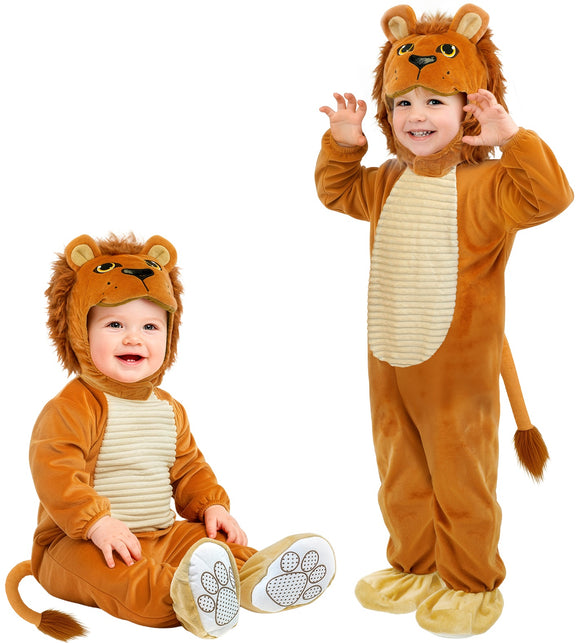 Leeuw jumpsuit voor jongens in bruin met manenkap, staart en crème ribbelbuik, in twee kindermaten