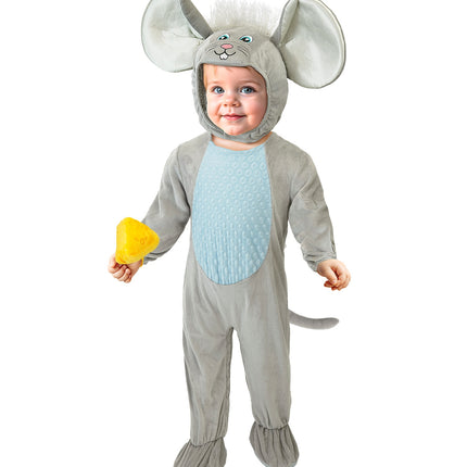 Muis jumpsuit kinderen vooraanzicht met aangezette voetjes en staart aan de achterkant