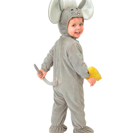 Muis jumpsuit kinderen van achteren met rugsluiting en lange grijze muizenstaart