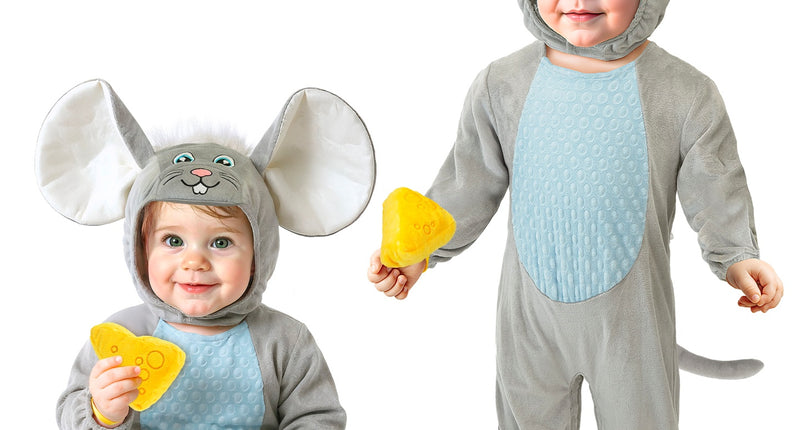 Muis jumpsuit kinderen in grijs met lichtblauwe buik, kap met muizenoren en geel kaasje