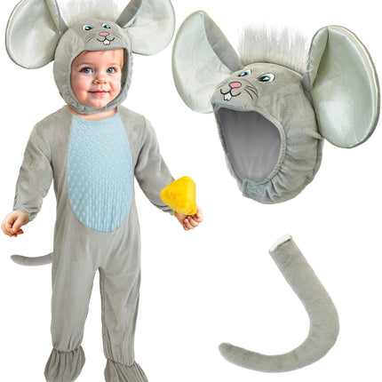 Muis jumpsuit kinderen met los gefotografeerde kap met grote oren en grijze staart