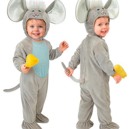 Muizenpakje kind voor- en achteraanzicht, grijze jumpsuit met kap, oren en staart