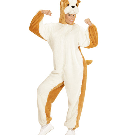 Pluche bulldog kostuum achterkant, zachte hond onesie met kap