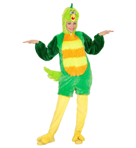 Groene vogel pluche kostuum achterkant, zachte vogel onesie met masker