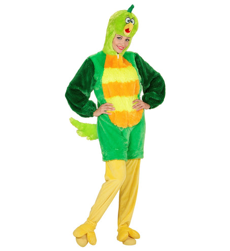Groene vogel pluchepak gedragen, zachte dieren onesie kostuum volwassenen