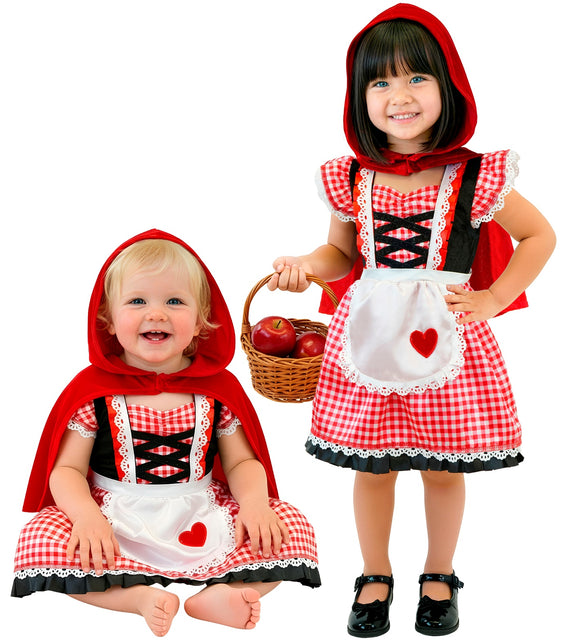 Rode capelet jurk voor meisjes, rood-wit geruit met wit schortje en rode capuchon, twee maten