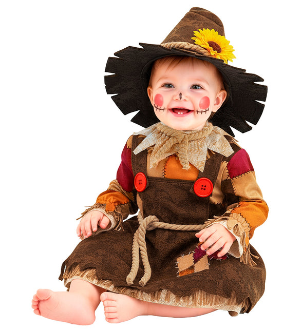 Vogelverschrikker jurkje voor baby met patchworkmouwen en strokraag, geschikt voor Halloween