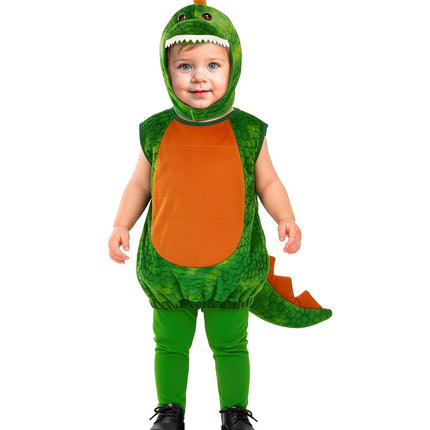 Groen dinosaurus kostuum jongens met kap, oranje buikplaat en groene broek, vooraanzicht