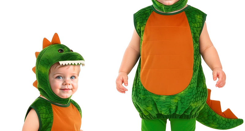 Dinosaurus kostuum jongens in groen met oranje buik en staart, twee maten naast elkaar