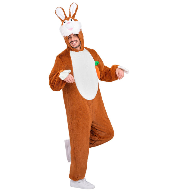 Bruine konijnen jumpsuit met capuchon en opstaande oren, zijaanzicht op model