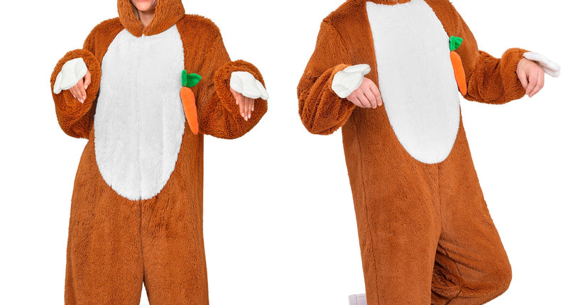 Konijn in zacht pluche jumpsuit voor volwassenen vooraanzicht – verkleedkleding