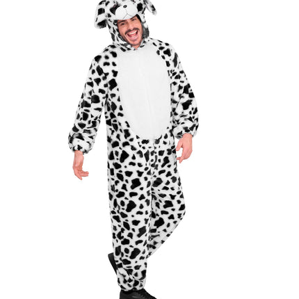 Dalmatier jumpsuit heren met witte buikpartij, rits en pluchen hondensnuit op de capuchon