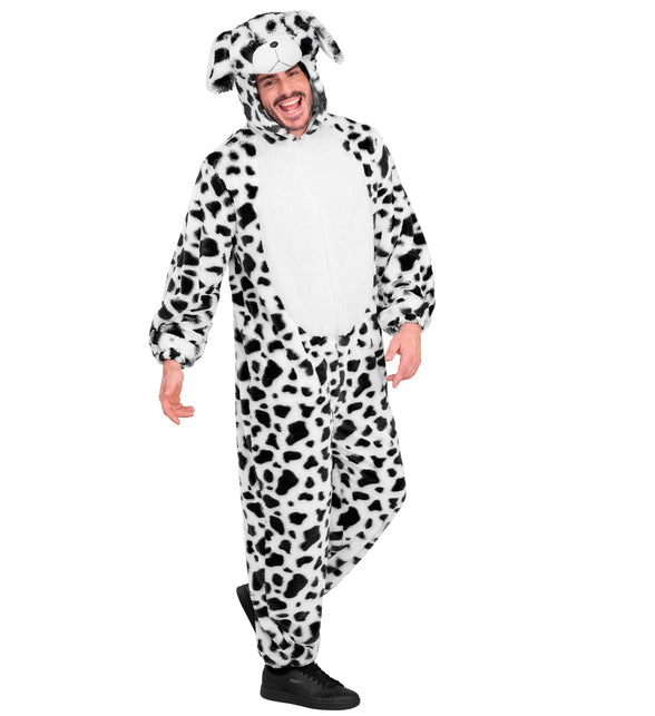 Dalmatier jumpsuit heren met witte buikpartij, rits en pluchen hondensnuit op de capuchon