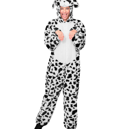 Dalmatier jumpsuit dames met slappe hondenoren en zwarte vlekken, voor carnaval