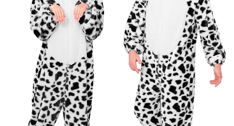 Dalmatier jumpsuit volwassenen in zwart-wit pluche, gedragen door dame en heer met hondencapuchon