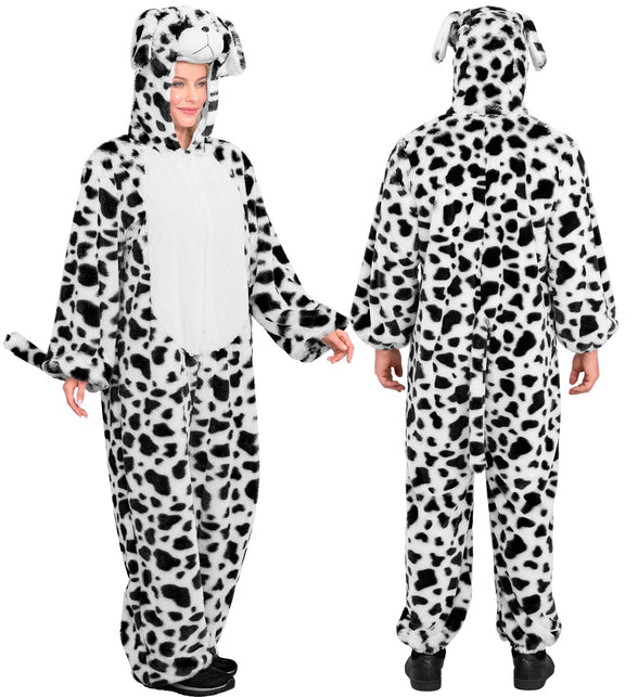 Dalmatier jumpsuit voor- en achterkant met gevlekte capuchon en lange pluche pijpen