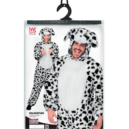 Verpakking dalmatier jumpsuit met hondencapuchon en masker, maten M tot XL