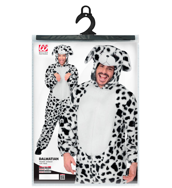 Verpakking dalmatier jumpsuit met hondencapuchon en masker, maten M tot XL