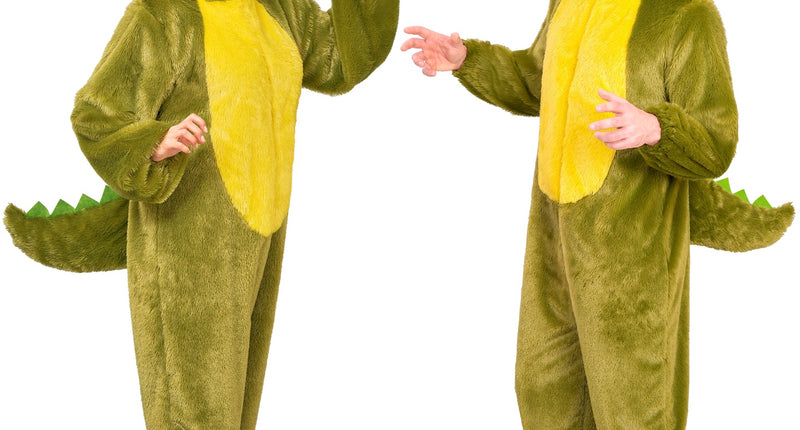 Krokodillenpak volwassenen in groen pluche met gele buik en capuchon met krokodillenkop, gedragen door twee modellen