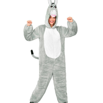 Grijze ezel jumpsuit dames met capuchon met ezelskop en witroze snuit