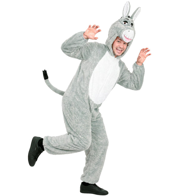 Ezel jumpsuit heren van pluche, zijaanzicht met grijze staart en zwarte kwast