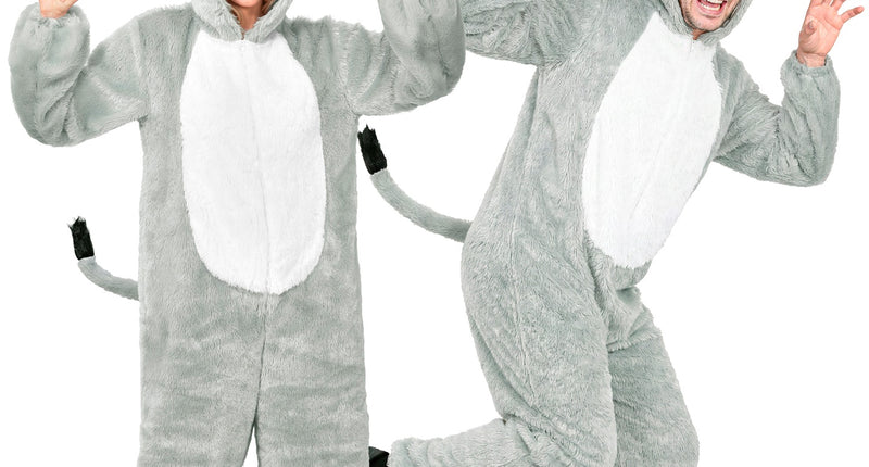Ezel jumpsuit pluche grijs met witte buik, gedragen door dame en heer op carnaval