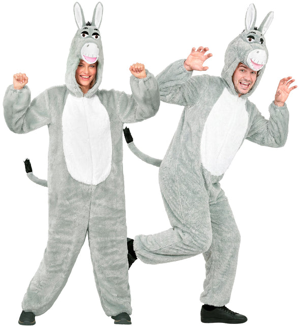 Ezel jumpsuit pluche grijs met witte buik, gedragen door dame en heer op carnaval