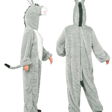 Achterkant ezel jumpsuit met staart en donkere manenstreep over de capuchon