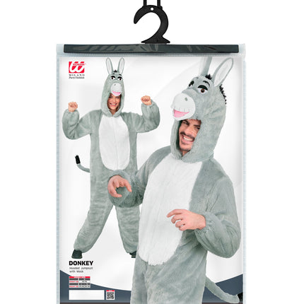 Verpakking ezel jumpsuit pluche met maatoverzicht M, L en XL